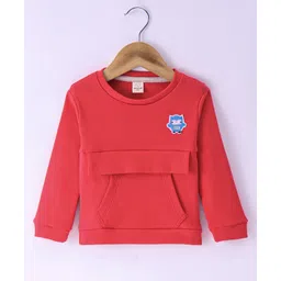 Olio Kids Cotton Knit Full Sleeves Winter T-Shirt with Kangaroo Pocket Owl Patch - Red-picture-18