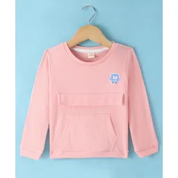 Olio Kids Cotton Knit Full Sleeves Winter T-Shirt with Kangaroo Pockets & Owl Patch - Peach-picture-28