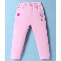 Olio Kids Cotton Woven Full Length Solid Color Trouser with Floral & Butterfly Embroidery - Pink-picture-13