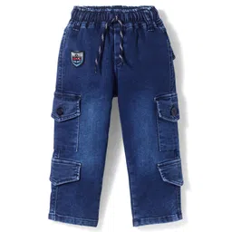 Olio Kids Denim Knit Full Length Solid Color Jeans with Pockets & Patch - Navy Blue-picture-22