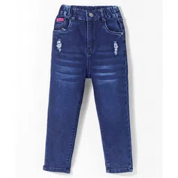 Olio Kids Denim Woven Full Length Distressed Jeans Solid Colour - Deep Blue-picture-12