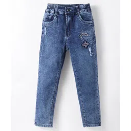 Olio Kids Denim Woven Full Length Jeans With Text Print & Badge Detailing - Blue-picture-31