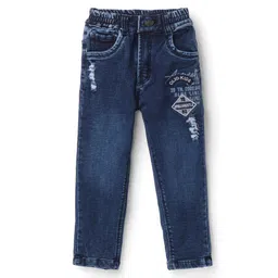 Olio Kids Denim Woven Full Length Jeans With Text Print & Badge Detailing - Navy Blue-picture-34
