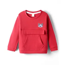 Olio Kids Knitted Full Sleeves Winter T-Shirt With Kangaroo Pockets & Fox Embroidery Patch - Red-picture-13