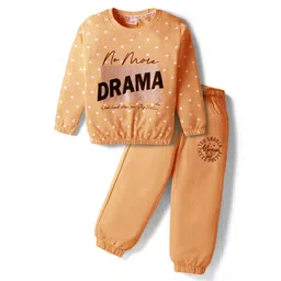 Olio Kids Looper Knit Full Length Polka Dots & Text Printed Winter Wear Sweatshirt & Pant Set - Orange-picture-16