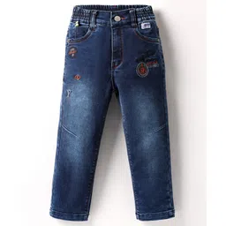 Olio Kids Woven Full Length Denim Jeans With Embroidery & Patch Detailing - Navy Blue-picture-24