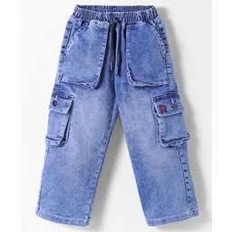 Olio Kids Woven Full Length Solid Denim Jeans With Cargo Pockets - Light Blue-picture-36