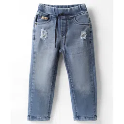 Olio Kids Woven Full Length Solid Denim Jeans With Distressed Pattern - Blue-picture-14
