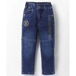 Olio Kids Woven Full Length Solid Denim Jeans with Embroidery Detailing - Navy Blue-picture-14
