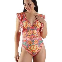 olive beach Women One-Piece Pink Swimsuit with Cover-up - Floral Printed Monokini with Sarong | V-Neck Stylish & Comfortable Women Swimwear | Fashionable Beachwear-picture-22