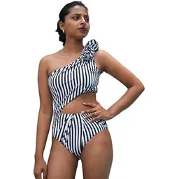 olive beach Women one-Piece Swimsuit-Balck & White Stripes Monikini with Detachable Sleeves and Skirt | Halter Neck Stylish & Comfortable Swimwear | Fashionable | Perfect for Summer-picture-13