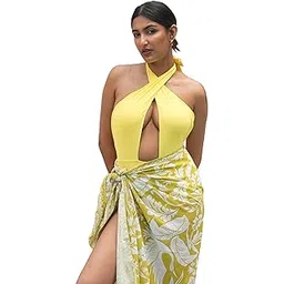 olive beach Women One-Piece Swimsuit with Cover-up - Yellow & Green Monokini with Sarong | V-Neck, Stylish & Comfortable Women Swimwear | Fashionable Women Beachwear-picture-26