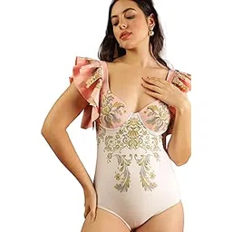 olive beach Women Swimwear Pink - Floral Printed Monokini with Ruffle Sleeve | Bandeau Neck for Elegant Beach Style One-Piece Swimsuit| Stylish & Comfortable Swimwear | Fashionable Beach wear-picture-17
