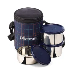 Oliveware Absolute Lunch Box, 100% Leak Proof, 3 Stainless Steel Containers with BPA Free Lids (2x600ml & 450ml), Fabric Bag (Blue)-picture-10