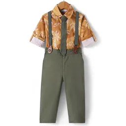 Ollington St. 100% Cotton Knit Full Sleeves Collared Shirt & Twill Pant Set with Tie & Suspender Tropical Theme Print - Brown & Olive Green-picture-14