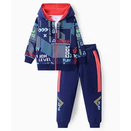 Ollington St. 100% Cotton Knit Full Sleeves Hooded Front Zipper Printed Sweatshirt & Joggers Winter Wear Set - Navy-picture-35