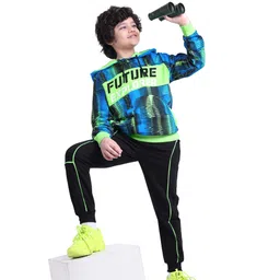 Ollington St. 100% Cotton Knit Full Sleeves Hooded Sweatshirt & Joggers Set All Over Printed - Neon Green & Black-picture-26