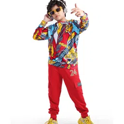 Ollington St. 100% Cotton Knit Full Sleeves Hooded Sweatshirt & Joggers Set Instrument Printed - Red-picture-15