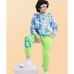 Ollington St. 100% Cotton Knit Full Sleeves Hooded Sweatshirt & Joggers Set Text & House Print - Light Green White & Blue-picture-18