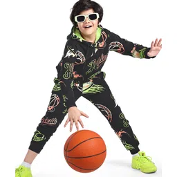 Ollington St. 100% Cotton Knit Full Sleeves Hooded Sweatshirt & Joggers Set Text Print - Green & Black-picture-25