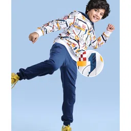 Ollington St. 100% Cotton Knit Full Sleeves Hooded Sweatshirt & Joggers Set with Number Print -White & Navy-picture-16