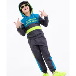 Ollington St. 100% Cotton Knit Full Sleeves Hooded Sweatshirt & Joggers Set with Text Print - Blue & Black-picture-13