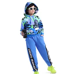 Ollington St. 100% Cotton Knit Full Sleeves Hooded Sweatshirt & Joggers Set with Text Print - Blue & Green-picture-22