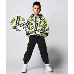 Ollington St. 100% Cotton Knit Full Sleeves Hooded Sweatshirt & Joggers Set With Text Print - Green & Black-picture-10