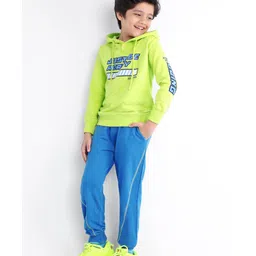 Ollington St. 100% Cotton Knit Full Sleeves Hooded Sweatshirt & Joggers Set With Text Print - Lime Green & Blue-picture-39
