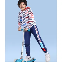 Ollington St. 100% Cotton Knit Full Sleeves Hooded Sweatshirt & Joggers Set with Text Print - Navy Blue & White-picture-11