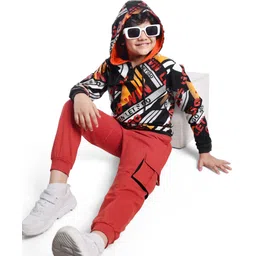 Ollington St. 100% Cotton Knit Full Sleeves Hooded Sweatshirt & Joggers Set with Text Print - Red & Black-picture-34