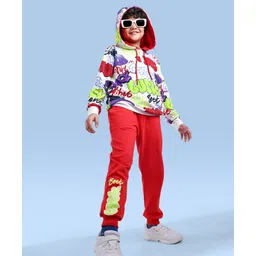 Ollington St. 100% Cotton Knit Full Sleeves Hooded Winter Wear Set With Street Art Print - Red & White-picture-14