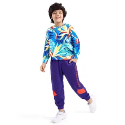 Ollington St. 100% Cotton Knit Full Sleeves Sweatshirt & Joggers Set Floral Print - Blue & Navy Blue-picture-25