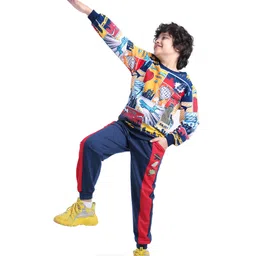 Ollington St. 100% Cotton Knit Full Sleeves Sweatshirt & Joggers Set with Airplane Print - Red & Navy Blue-picture-34