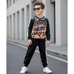 Ollington St. 100% Cotton Knit Full Sleeves Sweatshirt & Joggers Set With Car Print - Black-picture-32