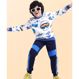 Ollington St. 100% Cotton Knit Full Sleeves Sweatshirt & Joggers Set With Snow Adventure Theme Print - White & Blue-picture-23