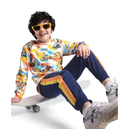 Ollington St. 100% Cotton Knit Full Sleeves Sweatshirt & Joggers Set With Snow Mobile Print - Orange & Blue-picture-16