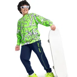Ollington St. 100% Cotton Knit Full Sleeves Sweatshirt & Joggers Set With Street Art Print - Green & Navy-picture-33