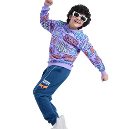 Ollington St. 100% Cotton Knit Full Sleeves Sweatshirt & Joggers Set with Text Print - Purple-picture-28