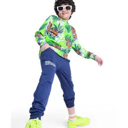 Ollington St. 100% Cotton Knit Full Sleeves Sweatshirt & Joggers Set With Tiger Print - Green & Navy-picture-29