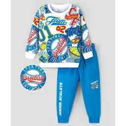 Ollington St. 100% Cotton Knit Full Sleeves Sweatshirt & Joggers Set With Varsity Print - Blue & White-picture-11