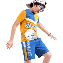 Ollington St. 100% Cotton Knit Half Sleeves T-Shirt & Shorts Set Text Print - Yellow & Blue-picture-21
