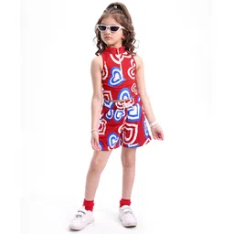 OLLINGTON ST. Cotton Co-ord Set Knit Sleeveless Hearts Printed Top & Shorts - Red image 2