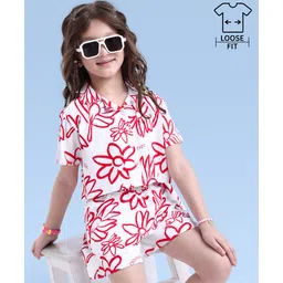 Ollington St. Cotton Co -Ord Set of Floral Printed Half Sleeves Front Open Top & Knit Shorts - White-picture-11