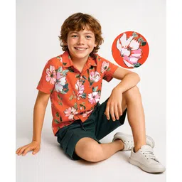 OLLINGTON St. Cotton Floral Printed Half Sleeves Shirt & Knit Shorts - Orange & Dark Green-picture-12