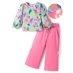 OLLINGTON ST. Cotton Full Sleeves Floral Printed Top & Joggers Set - Multicolor & Pink-picture-26