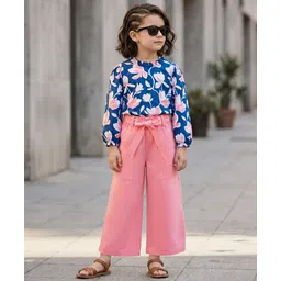 OLLINGTON ST. Cotton Full Sleeves Floral Printed Top & Knit Culottes Set With Belt - Navy Blue & Pink-picture-12