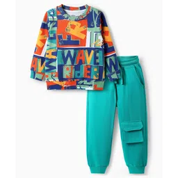OLLINGTON ST. Cotton Full Sleeves Printed Sweatshirts & Knit Joggers Set - Multicolor & Teal Green-picture-35