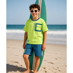 OLLINGTON ST. Cotton Half Sleeves T-Shirt with Print & Knit Shorts Set - Lime Green & Navy Blue-picture-11
