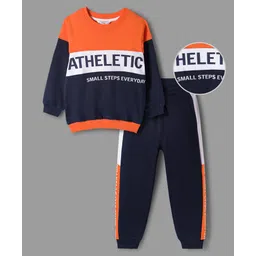 OLLINGTON ST. Cotton Knit Color Block Full Sleeves Sweatshirt & Knit Joggers - Navy & Orange-picture-10
